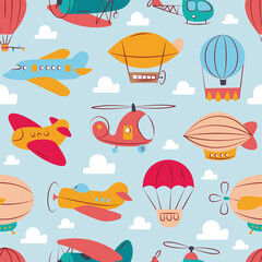 Airplane pattern. Kids avia transport helicopters airplanes rockets garish vector seamless background © ONYXprj