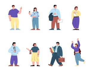 Chubby women and men with plus-size bodies, flat vector illustration isolated.