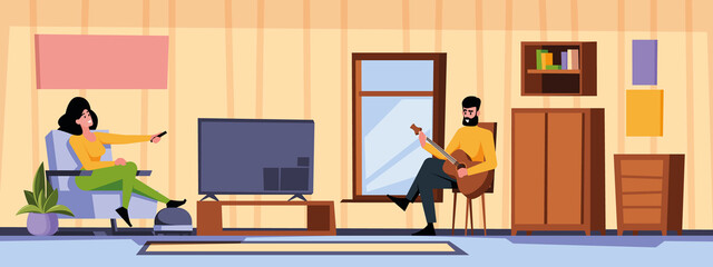 Happy family. People spend happy time together at home room interior sitting on sofa and relax garish vector illustrations set