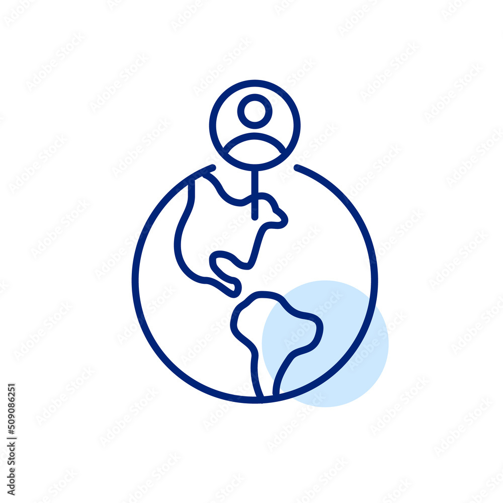 Poster showing user location on the map. pin on the globe. pixel perfect, editable stroke line art icon