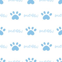 Blue cat seamless pattern. Meow and cat paws background vector illustration. Cute cartoon pastel character for nursery girl baby print.