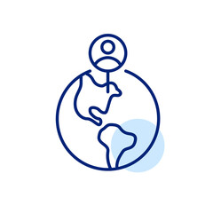 Showing user location on the map. Pin on the globe. Pixel perfect, editable stroke line art icon