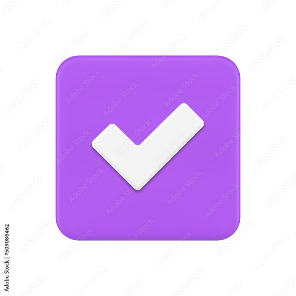 Poster purple squared checkmark button positive vote choice accept agree realistic 3d icon vector
