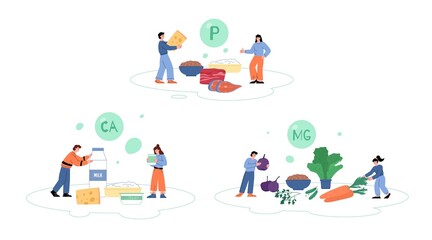 Minerals infographic with abstract people, calcium, magnesium and phosphorus - flat vector illustration on white.