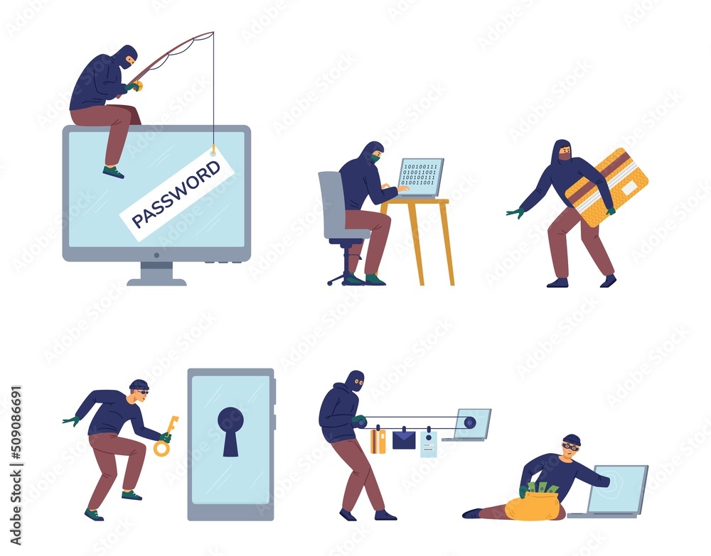 Wall mural computer fraud flat vector concept set. hacker phishing password and steal private information. inte