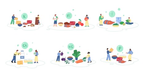 Minerals and vitamins enriched food groups flat vector illustration isolated.