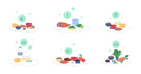 Fototapeta premium Food mineral elements and vitamins set, flat vector illustration isolated.