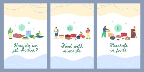 Posters with minerals and vitamins enriched food, flat vector illustrations set.