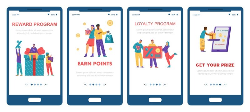 Earn Point Clients Loyalty Program Onboarding Pages, Flat Vector Illustration.