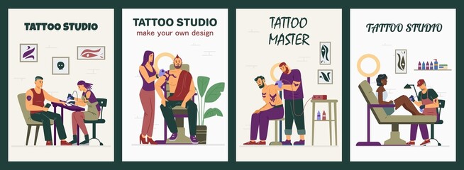 Tattoo studio advertising posters set with masters and clients in tattooing process, flat vector illustration.