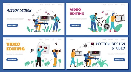 Motion design and video editing services web banners, flat vector illustration.