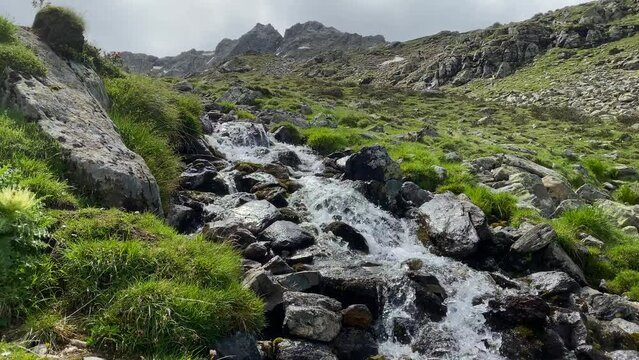 Small river in the alps with bubbling water, flowing from a mountain in Austria