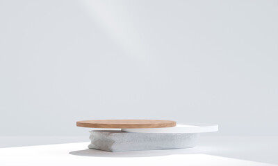 white rock podium with rounded wood for product presentation. Natural beauty pedestal, relaxation and health, 3d illustration.