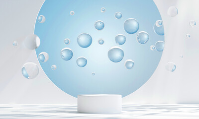 Podium with bubbles floating in the air for product presentation. relaxation and health, 3d illustration