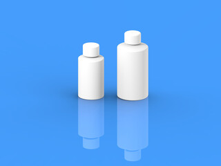 Two white cosmetic bottles, isolated on a blue background. Cosmetic packaging. Horizontal image. 3D image. 3D rendering.