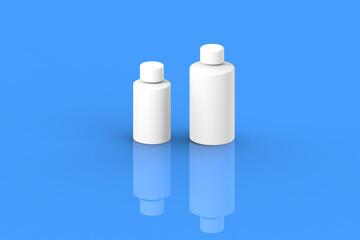 Two white cosmetic bottles, isolated on a blue background. Cosmetic packaging. Horizontal image. 3D image. 3D rendering.