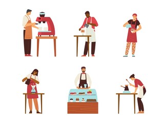 Coffee shop owners and baristas preparing coffee, vector illustration isolated.