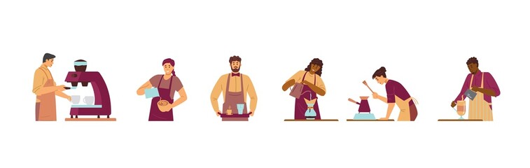 People work in coffeehouse shop and make coffee, flat vector illustration isolated on white background.