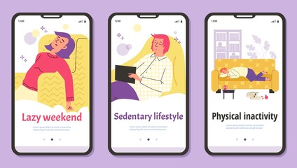 Lazy sedentary inactive lifestyle onboarding page, flat vector illustration.