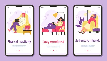 Sedentary lazy lifestyle concept for onboarding page, flat vector illustration.