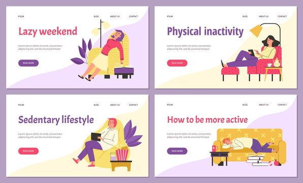 Sedentary lifestyle and physical inactivity web banners flat vector illustration.