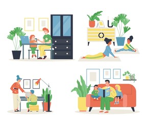 Activities and education of children in the family set, flat vector isolated.