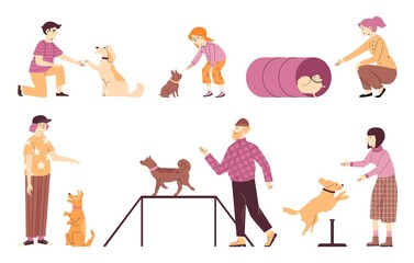 People train dogs scene set flat style, vector illustration