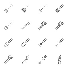 Essential gardening tools line icons set