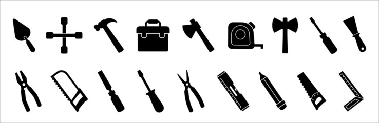 Tool icon set. Construction and carpenter vector icons set. Architecture instrument sign. Containing symbol of axes, lug wrench, cape, toolbox, wrench, hacksaw, hammer and screwdriver.