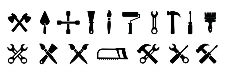 Tool icon set. Construction vector icons set. Architecture instrument sign. Containing symbol of axes, lug wrench, cape, painting job, paint roller, wrench, spanner, hacksaw, hammer and screwdriver.