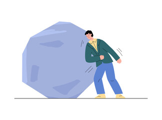 Man with trying to push a big stone with punch, vector illustration isolated.