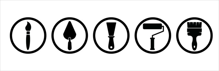Tools icon set. Painting work instrument vector icons set. Round shape icon paint job. Containing symbol of brush pen, cape, paint roller, and brush paint.