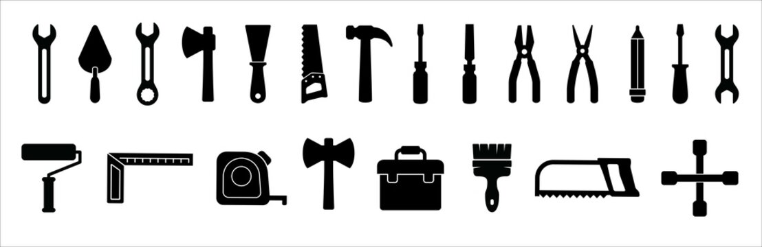 Tool icon set. Construction and carpenter vector icons set. Wrench, garage repair tools, handsaw, hammer, toolbox, paintbrush, pliers, paint roll vectors stock illustration.