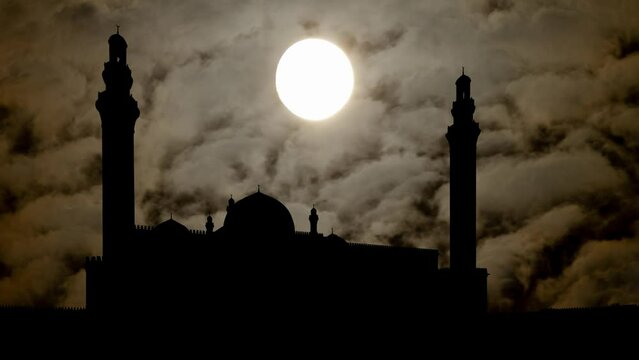 Shamakhi, Azerbaijan: Juma Mosque By Night with Dark Atmosphere, Fog, Smoke, and Full Moon