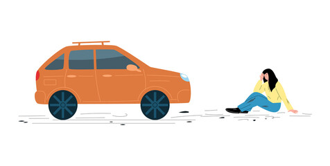 Car hit pedestrian woman, car accident concept, flat vector illustration isolated on white background. © Kudryavtsev
