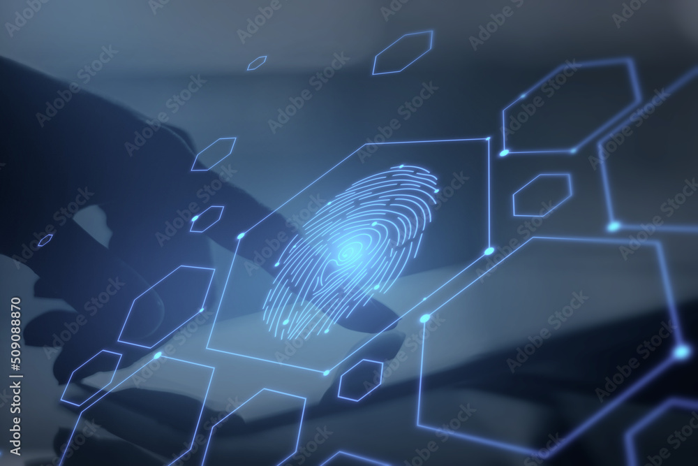 Aufkleber Close up of backlit female hand pointing at tablet with creative digital fingerprint hologram on blurry background with lines. Cyber datanase and access concept. Double exposure.