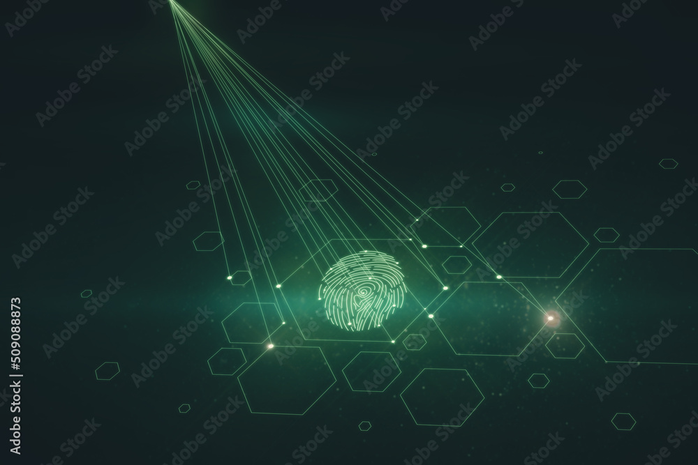 Poster Creative digital fingerprint hologram on dark background with lines. Cyber datanase and access concept. 3D Rendering.