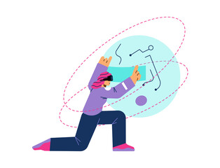 Woman interacting with metaverse space, flat vector illustration isolated.