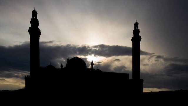 Shamakhi Mosque at Sunrise, Timelapse with Fast Clouds and Silhouette of the first historical mosque in Azerbaijan
