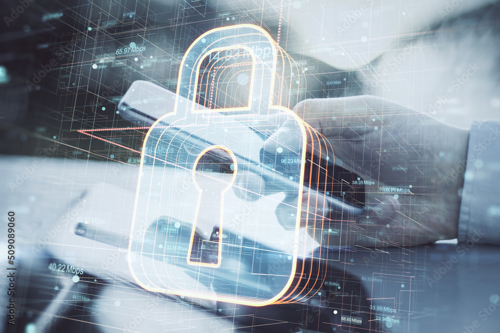Poster close up of businessman hands using tablet and smartphone at desktop with glowing safety padlock hol