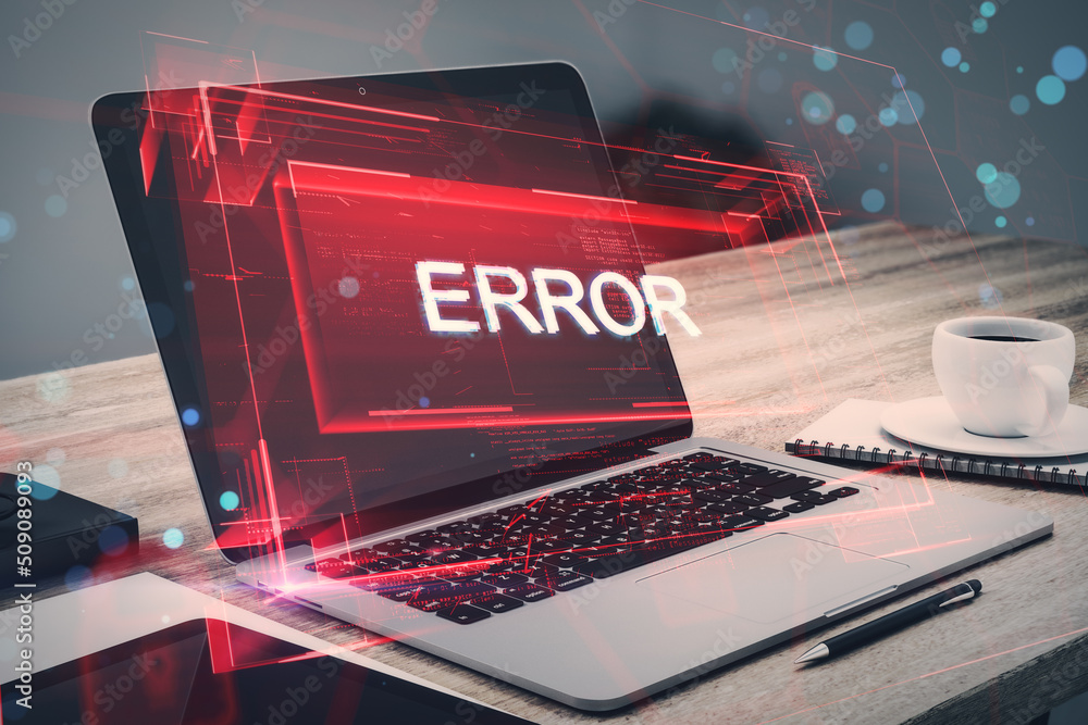 Poster close up of laptop on desktop with coffee cup and abstract red error hologram. connection and crime 