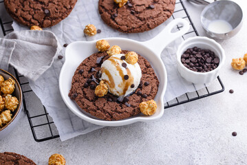 Giant chocolate skillet cookies with ice cream