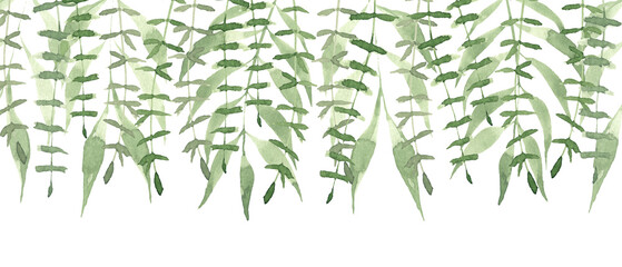 Green leaves on white background. Watercolor hand painted border.