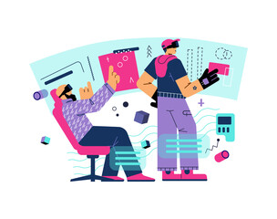 Characters in virtual reality glasses researching metaverse flat style