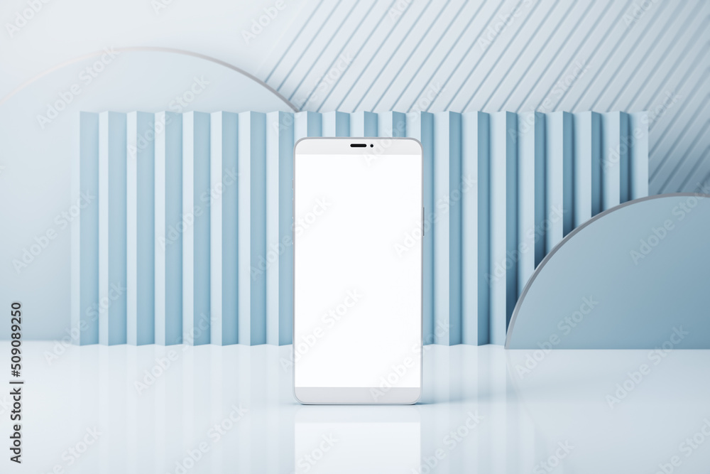 Poster Close up of empty white mobile phone on abstract light geometric background. Creativity, presentation and device concept. 3D Rendering.