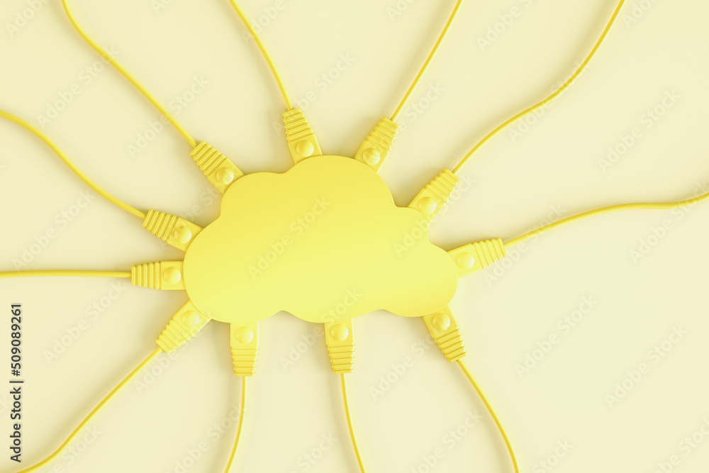 Poster abstract cables connected to yellow human brain on light background. neuroscience and brain research