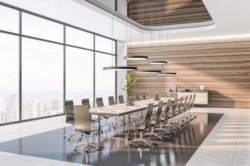 Sunlit stylish spacious conference room with modern round lamps above huge wooden table surrounded by beige chairs, wooden wall, city view from panoramic window and glossy floor.3D rendering