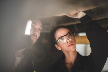 car engineer technician woman concept, professional female mechanic repair and maintenance service automobile in garage, person occupation job workshop, work tool for auto vehicle fixing