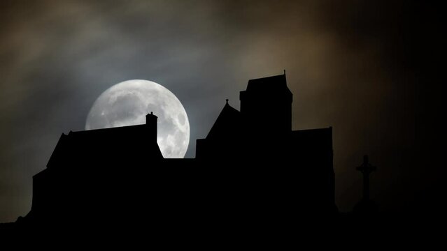 Iona abbey and St. John's Cross, Time Lapse by Night with Full Moon, Scotland, Great Britain