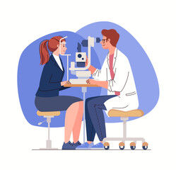 Diagnosis of eye diseases. Optometrist checks woman's vision using ophthalmic equipment. Doctor and patient in ophthalmology clinic. Vector characters flat cartoon illustration. - obrazy, fototapety, plakaty
